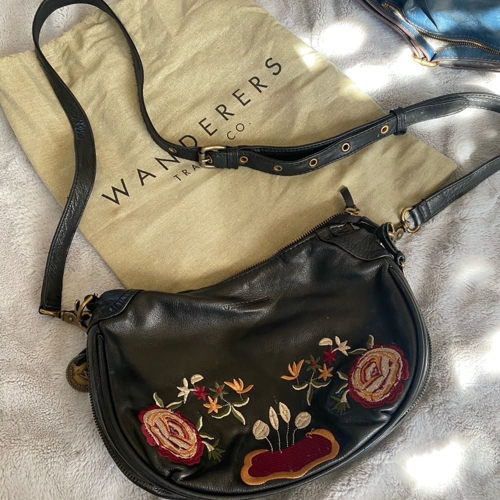 Black Leather Embroidered Crossbody Bag
